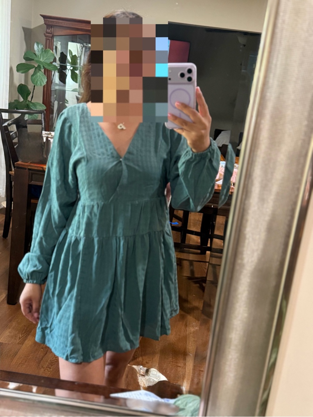 Tiered V-Neck Long-Sleeve Dress in Teal
